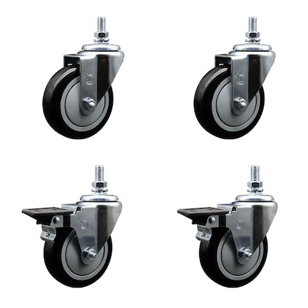 Service Caster 4 Inch Black Polyurethane 10 MM Threaded Stem Caster Set 2 Brakes SCC SCC-TS20S414-PPUB-BLK-M1015-2-PLB-2